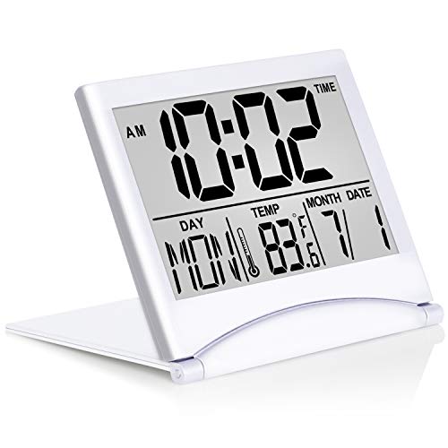 Product Cover Betus Digital Travel Alarm Clock - Foldable Calendar & Temperature & Timer LCD Clock with Snooze Mode - Large Number Display, Battery Operated - Compact Desk Clock for All Ages (Silver)