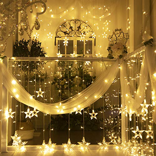Product Cover Y YUEGANG LED Star String Lights - Star Curtain String Lights with 12 Stars 138 LEDs 8 Modes,Fairy LED String Windows Curtain Lights for Xmas Wedding Party Garden Warm White