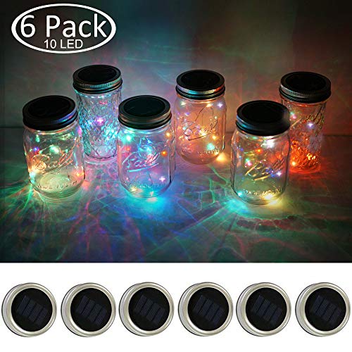 Product Cover 6 Pack Solar Mason Jar Lights 10 LED, Fairy Firefly Waterproof Lamp for Garden Deck Party Wedding Christmas Lighting Decoration (5 Colors Without Hanger)