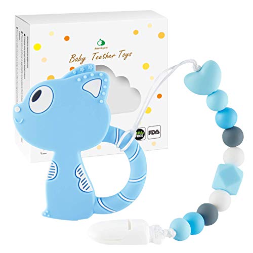 Product Cover Nearbyme Baby Teething Toys, BPA Free Silicone Cartoon Whale Shape Teether with Relief Beads Binky Holder and Pacifier Clips for Toddlers & Infant (Blue)