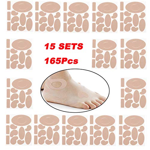 Product Cover 165 Pieces Moleskin for feet blisters Moleskin Tape Anti-wear Heels Stickers Blister Prevention Pads for shoes hiking 11 Shapes 15sets