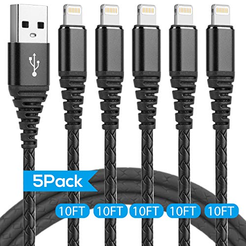 Product Cover Lightning Cable 10ft, 5 Pack iPhone Charger Cable 10 Foot / 10 Feet Fast ipad Charger Cord for iPhone Xs max/xr/x/8/8 Plus/7/7 Plus/6/6s Plus/5s/5,iPad(Black)