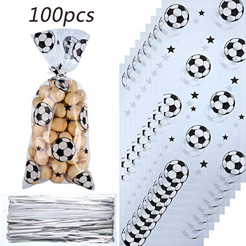 Product Cover Blulu 100 Pieces Soccer Party Favors Bag Heat Sealable Treat Candy Bags Soccer Goodie Bags Soccer Theme Gift Bags with 100 Pieces Silver Twist Ties for Football Themed Party Favors