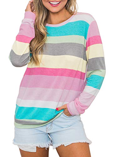 Product Cover LEANI Women's Casual Color Block Striped Sweatshirts Long Sleeve Round Neck T Shirts Blouses Pullover Tops