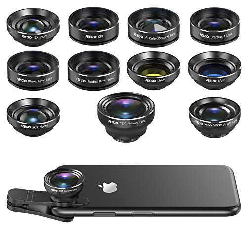 Product Cover FEEGO Lens Kit for iPhone, 11 in 1 0.65X Wide Angle Lens+230° Fisheye Lens+20X Macro Lens+2X Zoom Lens+CPL+6 Kaleidoscope+Starburst Lens+Radial+Flow+2 Color Filter Lens for iPhone and Android
