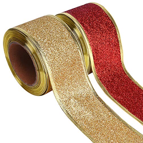 Product Cover Livder 2 Rolls Christmas Glitter Ribbon for Christmas Tree Decorations Gift Wrapping, 2 Inch Wide, 11 Yards/Roll (Gold/Red)