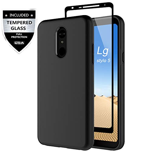 Product Cover Lg Stylo 5 Case with [9H Tempered Glass Screen Protector], Sunnyw Shockproof Anti-Scratch Hard PC Soft TPU Dual Layer Hybrid Armor Protective Case for Lg Stylo 5 (Black)