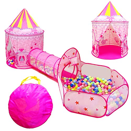 Product Cover LOJETON 3pc Girls Princess Fairy Tale Castle Play Tent, Crawl Tunnel & Ball Pit with Basketball Hoop for Kids Toddlers, Indoor & Outdoor Playhouse