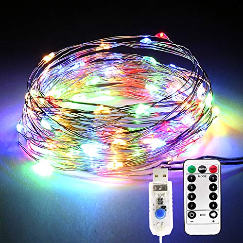 Product Cover Fairy Lights Waterproof USB Powered Copper String Lights 100 LED 33 Ft Memory Function Dimmable 8 Modes with Remote & Timer Indoor Outdoor Decoration for Christmas Wedding Party Garden Patio, Colorful