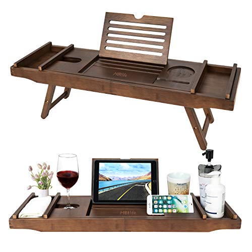Product Cover Bamboo Bathtub Caddy Tray with Extending Sides & Laptop Desk with Foldable Legs,Cellphone iPad Tray and Wineglass Holder，Free Soap Holde