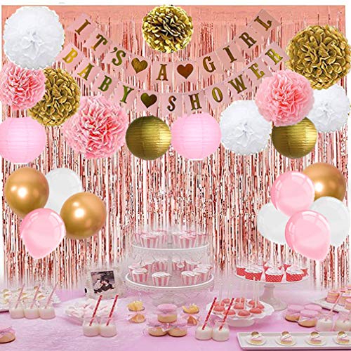 Product Cover Baby Shower Party Decorations for Girl Pink and Gold Baby Shower Decoration It's A Girl & Baby Shower Banner Paper Lantern Tissue Flowers Baby Shower Decorations Supplies Set (Size 1)