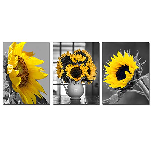 Product Cover Black Yellow Sunflower Canvas Painting - Yellow Flowers Wall Pictures for Living Room 3 Panels Wall Art Posters and Prints Home Office Decoration Floral Bedroom Kitchen Decor 12x16x3 unframed
