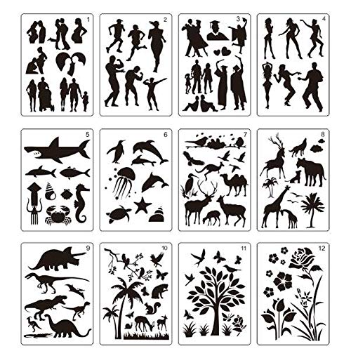 Product Cover 8.2x11.6 inches Plastic Stencils Set Craft Educational Toys for Kids -Love Patterns Painting Stencils for Children. 12 Pack People Plants Animals Pattern