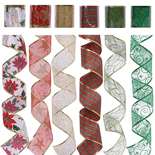 Product Cover CXDY Christmas Wired Ribbon, Assorted Plaid Sparkling Decorations Wired Sheer Glitter Tulle Ribbon 36 Yards (2.5