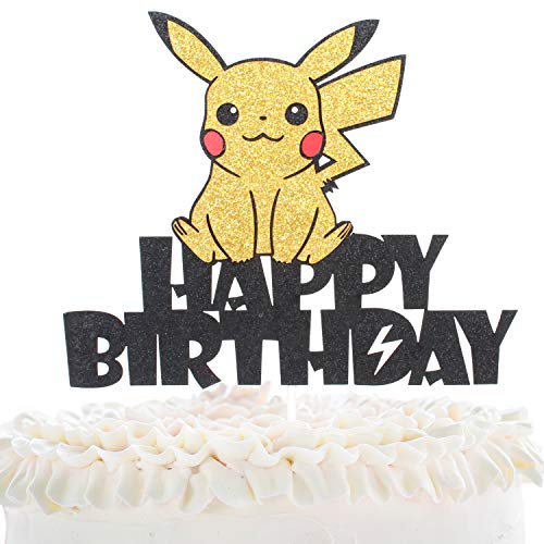 Product Cover Creations Pikachu Happy Birthday Cake Topper - Pokeman Go Theme Party Adorable Glitter Pikachu Cake Décor - Baby Shower Child Birthday Party Decoration