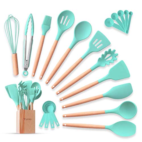 Product Cover Silicone Kitchen Utensils Cooking Set 14pcs Wooden Holder Measuring Cups BPA Free Spatula Turner Tongs Spoon Set Bamboo Wooden Handles Kitchen Tools