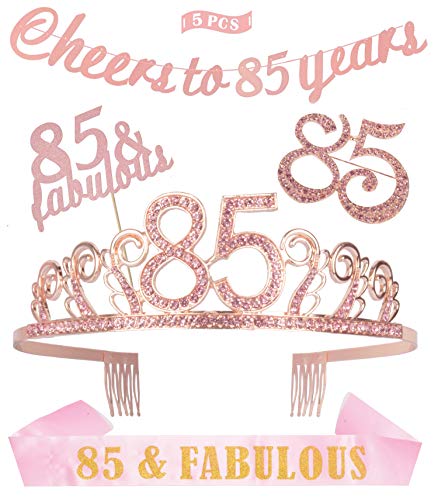 Product Cover 85th Birthday Party Decorations Supplies, Pink 85th Birthday Tiara, 85th Birthday Sash, Pink Glittery Cheers to 85 Years Old Banner, 85 and Fabulous Cake Topper, 85 Pink Rhinestone Brooch