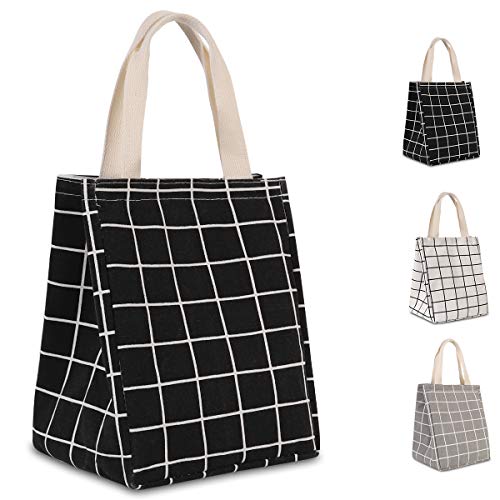 Product Cover HOMESPON Reusable Lunch Bag Insulated Lunch Box Canvas Fabric with Aluminum Foil, Lunch Tote Handbag for Women,Men,School, Office (Black Checkered（long handle）)