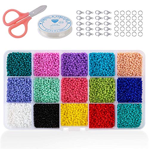 Product Cover Phogary 15000pcs Glass Seed Beads, Mixed Colors Small Pony Beads Assorted Kit Opaque Colors Lustered Loose Spacer Beads, 2mm Round, Hole 0.6mm for Jewelry Making, DIY Crafting (15 Colors)