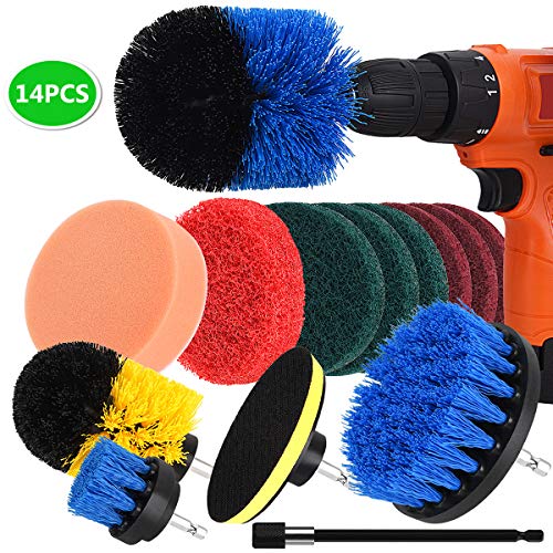 Product Cover Drill Brush, NUOSEM Power Scrubber Brush Cleaning Kit - 14pcs Drill Brush Attachment for Bathroom Surface, Grout, Tub, Shower, Kitchen, Floor, Tile, Corners, Pool, Aotumotive, Grill Cleaning Brush