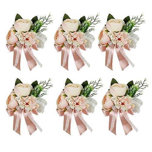 Product Cover HiiARug Wrist Corsage, Artificial Wrist Flower Tea Rose Carnation Bride Bridesmaid Wedding Hand Flower Decor for Prom Party Wedding Suit (C Corsage Pink 6PCS)