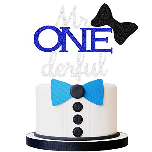Product Cover Mr Onederful Cake Topper, Boy First Birthday Party Cake Decor, Little Man/Wonderful One/Bow Tie 1st Birthday Party Cake Supplies Decorations