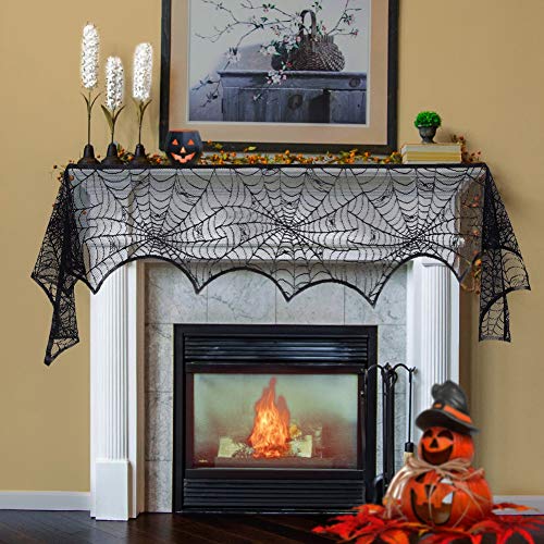 Product Cover Lulu Home Halloween Fireplace Decorations, Fireplace Mantle Scarf Cover, Black Lace Spider Web for Door, Window and Flowerbeds Decoration, Halloween Party Supplies
