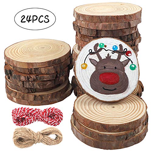 Product Cover CEWOR Natural Wood Slices 24pcs 3.5-4 Inches Craft Wood kit Unfinished Predrilled with Hole Wooden Circles for Christmas Ornaments DIY Crafts Arts Rustic Wedding Decoration