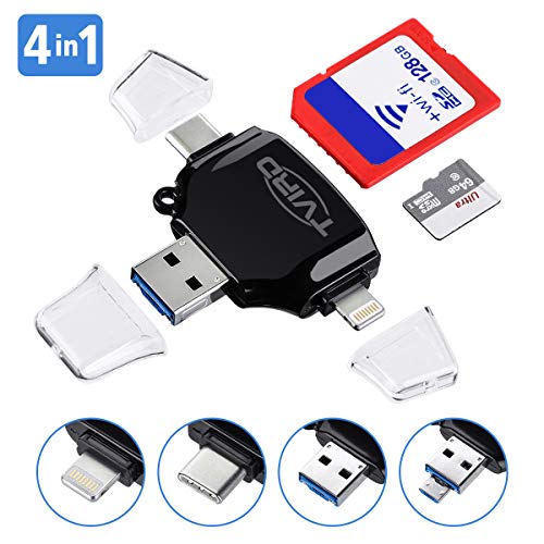 Product Cover SD Card Reader, Tvird - 4 in 1 SD/TF Memory Card Reader USB 3.0, USB OTG Interface, Type-C, Lightning Connector, Micro SD Card Reader for iPhone/iPad/Android/MacBook/PC/Laptop, Trail Camera Viewer