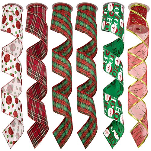 Product Cover MONOKIT Christmas Ribbon Wired, Christmas Holiday Party Decorations Ribbon Class Santa Claus Lattice Patterns Ribbon for Christmas Tree Wreath Gifts Decoration 36yd(2.5