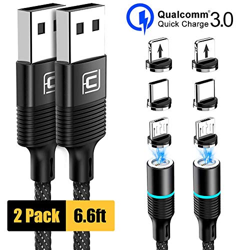 Product Cover Magnetic Charging Cable, CAFELE 2 Pack Nylon Braided USB 3.A Fast Charging Cord with LED Light, Universal 3 in 1 Magnet Phone Charger Compatible with Micro USB, Type C Devices - Black/6.6ft