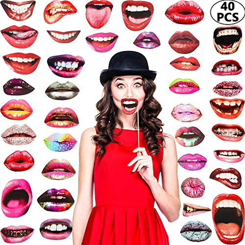 Product Cover Party Photo Booth Props, Funny Mouth Lips Photo Booth Prop, Funny Mouth DIY Set with Wood Stick Selfie Props Accessories for Birthday/Wedding/Graduation/Halloween Party (Mouth Lip, 40 Pieces)