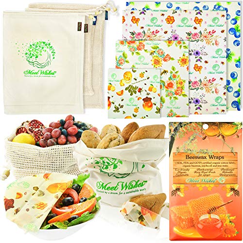 Product Cover MEET WISHES Beeswax Food Wrap & Reusable Cotton Produce Bags - Odor Free Extra Large Sandwich Wrap, Organic Reusable Bees Wax Food Storage Wraps, Eco-Friendly Cloth & Mesh Vegetable Bags