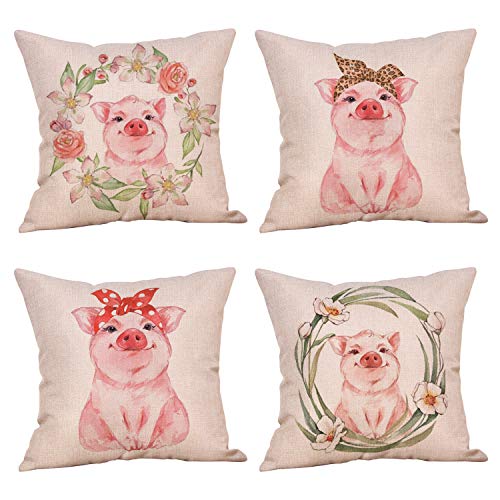 Product Cover MeritChoice Pig Pillow Cute Pink Pig Pillow Case Cover Set of 4 Cotton Linen 18x18 Inch