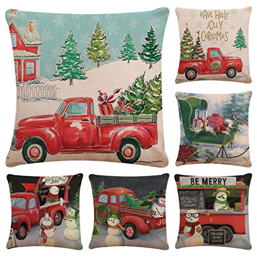 Product Cover Faylapa 6 Pack Christmas Series Pillow Cases,Red Truck Tree Snowman Decorative Cushion Cover Cotton Linen Pillowcase Indoor Sofa Decorations 18×18 Inches (45×45cm)(Case ONLY)