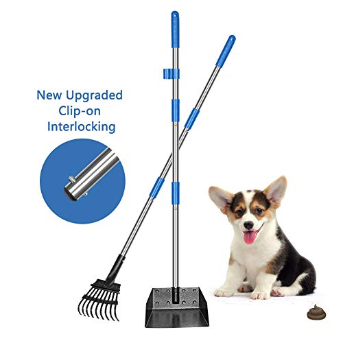 Product Cover QiMH Dog Pooper Scooper, Long Handle Stainless Metal Pet Poop Tray and Rake Set for Small Medium Dogs Waste Removal, Clean Response Dog Waste Bin & Rake
