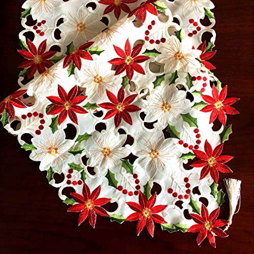 Product Cover boyspringg Christmas Table Runners Poinsettia Embroidered with Tassels Holly Leaf Table Linens Country Style New Year Present Wedding Christmas Decorations Decor 15 x 69 Inch