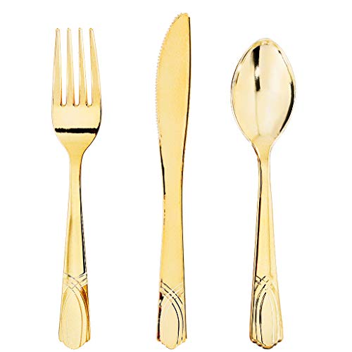 Product Cover BUCLA 300 Pieces Gold Plastic Silverware-Plastic Gold Cutlery-Heavyweight Disposable Flatware set- 100 Forks, 100 Spoons, 100 Knives
