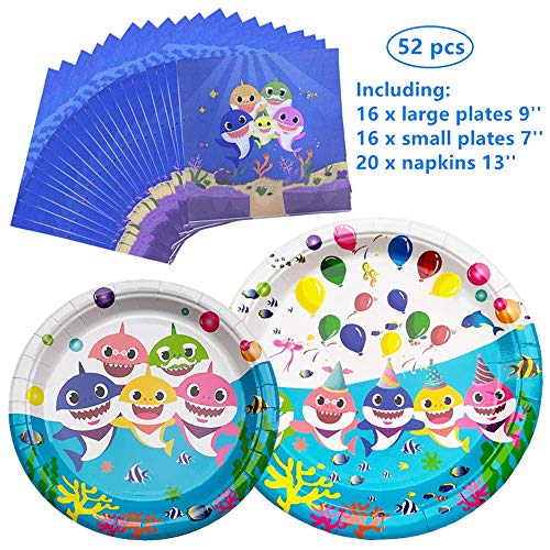 Product Cover Baby Cute Shark Party supplies Thickened and Waterproof of Surface Coating Napkins and Party Plates Tableware Set for Boys Girls Kids Birthday(52pcs-Serves 16 Guests)