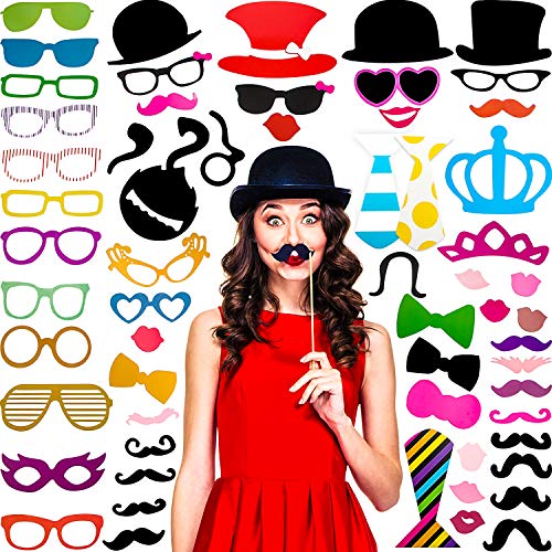Product Cover 60 Pieces Photo Booth Props DIY Kit Funny Selfie Props Accessories for Wedding Photobooth Party Supplies Favors with Mustache on a Stick, Hats, Glasses, Mouth, Bowler, Bowties