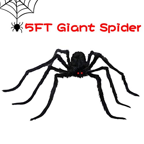 Product Cover ALLADINBOX Halloween Hairy Scary Virtual Realistic Posable Spider Black - Indoor Outdoor Yard Furry Giant Haunted House Party Decor Supplies, 60''