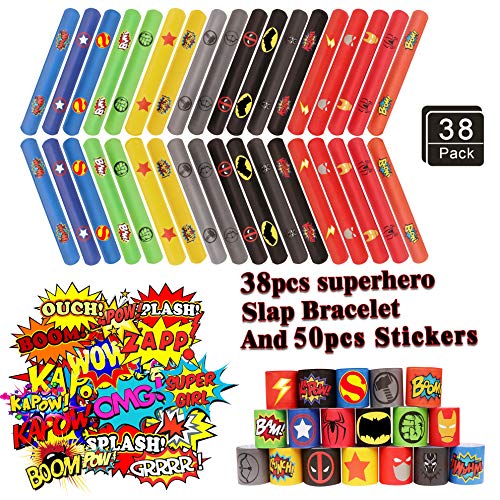 Product Cover 38PCS Superhero Slap Bracelet - The Avengers Slap Bracelet for Kids Boys & Girls Birthday Party Supplies Favors - cartoon Superhero Party Stickers(50 Pack)Carnival Prizes