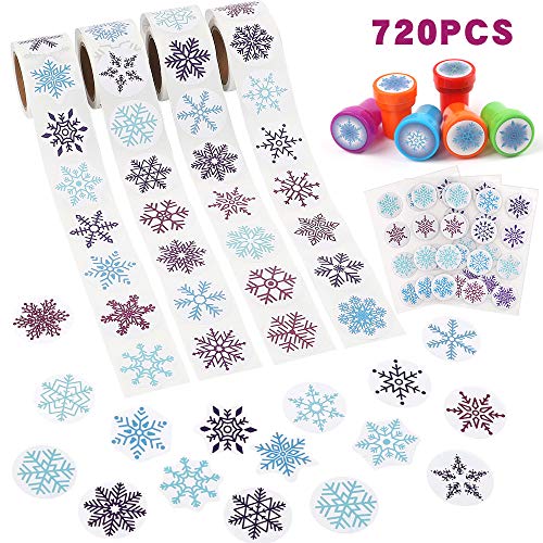 Product Cover jocacti 720 PCS Christmas Snowflake Stickers Snowflake Stampers Snowflake Decals for Winter - Cards Envelope Seals Decals Christmas Party Decoration Supplies(4 Roll, 32 Styles)