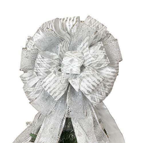 Product Cover wlflash Christmas Tree Topper Bow with Glitter Satin Mesh Streamer for Xmas Ornaments Wreath Decor (Silver)