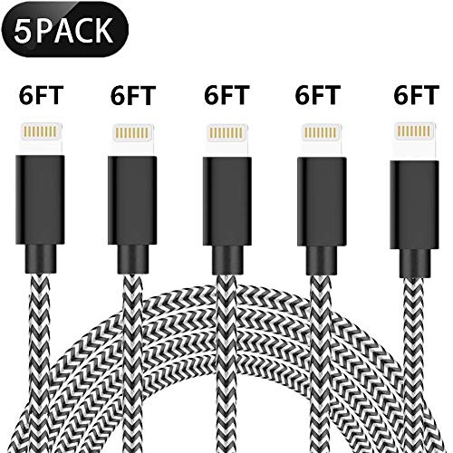 Product Cover SHARLLEN iPhone Charger Cable MFi Certified Lightning Cable 5Pack 6/6/6/6/6FT Long Nylon Braided USB iPhone Data Cable Fast Charging Cord Compatible iPhone XS/MAX/XR/X/8/7/6/iPad/iPod (Black&White)