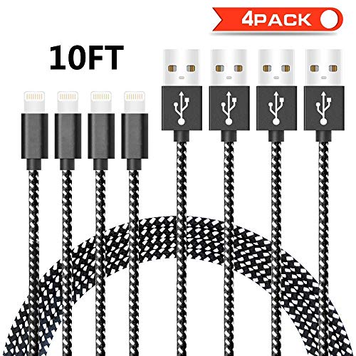 Product Cover iPhone Charger, MFi Certified Lightning Cable 4 Pack 10FT Nylon Braided USB Cord Charging Compatible iPhone 11Pro MAX, 11Pro, 11, MAX, XR, X, 8, 8 Plus, 7, 6s, 6s Plus, 6, 6 Plus, iPad Mini