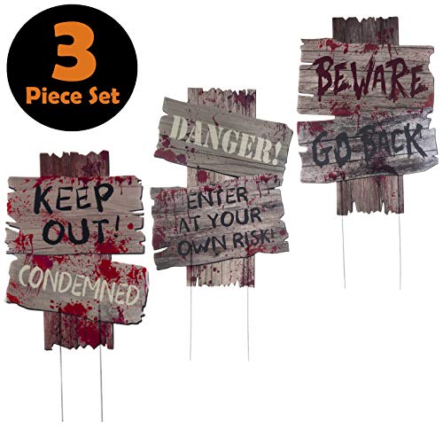 Product Cover 3 Piece Halloween Outdoor Decorations Yard Signs with Metal Stakes for Scary Outdoor Décor Halloween Props - Beware - Do Not Enter Creepy Sidewalk Lawn Yard Warning Signs (3 Piece Set, 12 x 9 Inches)