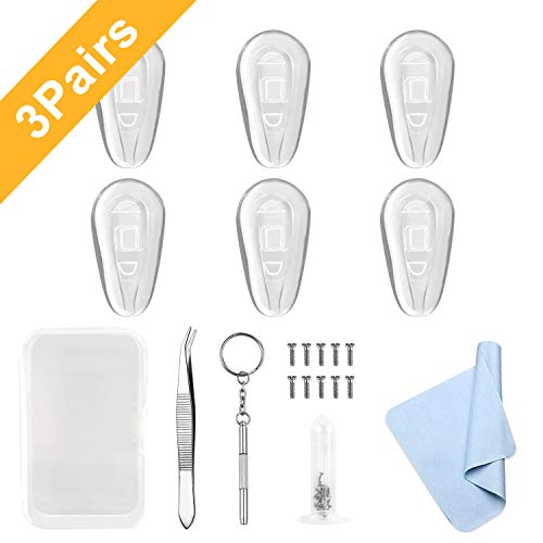 Product Cover Updated 3 Pairs Anti-Slip Silicone Eyeglass Nose Pads 14mm x 8mm Eyeglasses Repair Kit Tiny Screws Screwdriver Tweezer Cleaning Cloth Easy Installation