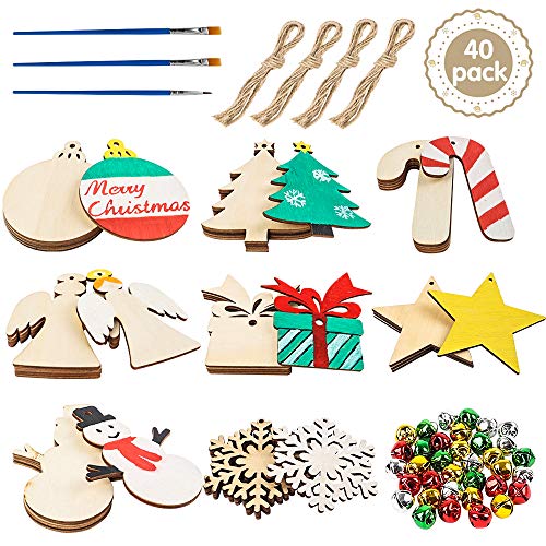 Product Cover FUNARTY 40pcs Christmas Wooden Ornaments Unfinished 8-Style Natural Wood Slices DIY Crafts Wood Kit with 100 Bells 3 Pens for Crafts Holiday Christmas Ornaments Hanging Decorations
