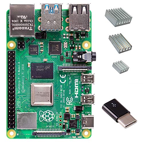 Product Cover Raspberry Pi 4 with CanaKit Heat Sinks and Micro USB to USB-C Converter (4GB RAM)
